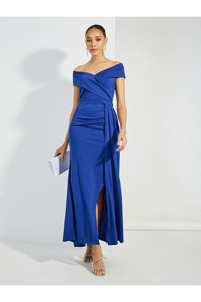 Styli Front Slit Off Shoulder Neck A-Line Maxi Dress