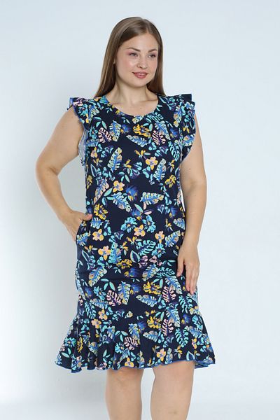 İntensive Navy blue plus size print - φόρεμα από 100% βαμβακερή τσέπη και βολάν μανίκια και φούστα