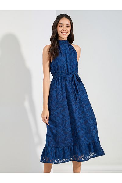 Styli Halter Neck Burnout Textured Midi Dress