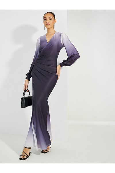 Styli Ombre Look Gathered Detail Mock Wrap Maxi Dress