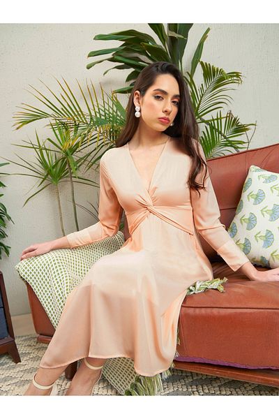 Sassafras By Styli Front Twisted V Neck Midi Dress