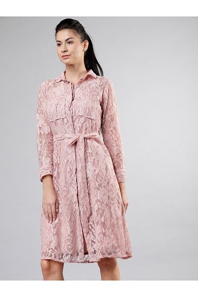 Tokyo Talkies By Styli Lace Insert Shirt Knee Length Dress with Cami Slip