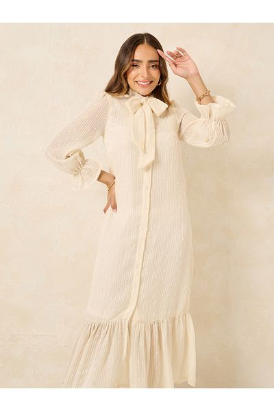 Styli Dobby Tie-Up Neck Ruffle Hem Shift Midi Dress