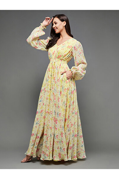 Miss Chase By Styli Floral Print V Neck Maxi Dress with Bishop Sleeve