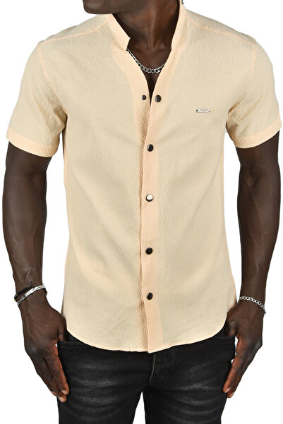 DeepSEA Beige Slim Fit Seersucker Shirt - Prevailing Collar, Lycra, Snap, Short Sleeve2403018