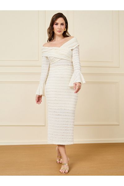 Styli Ruffled Lace Insert Off Shoulder Neck Midi Dress