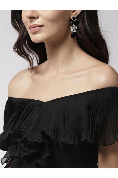 Mish By Styli Off Shoulder Neck Plisse Detail Georgette Maxi Dress