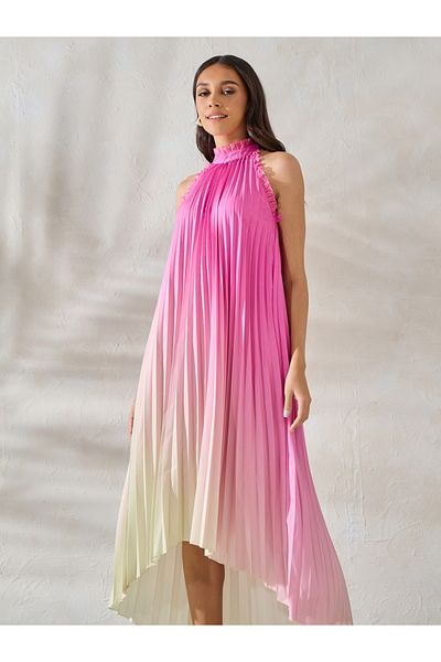 Styli Ombre Look High-Low Hem Midi Dress with Halter Neck