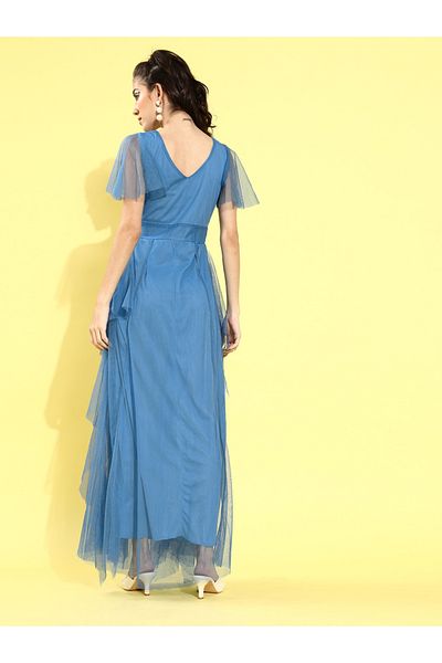 U&F By Styli Mesh Insert Ruffled A-Line Maxi Dress