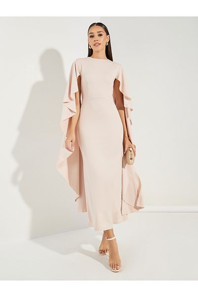 Styli Plain Long Drape Slit Sleeves Mermaid Maxi Dress