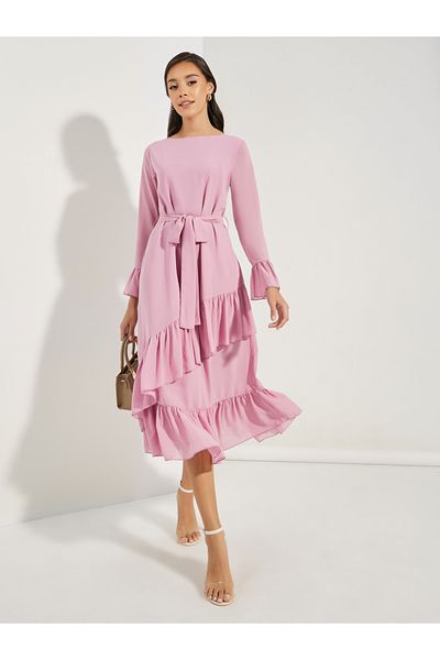 Styli Asymmetric Overlay Ruffled Midi Dress