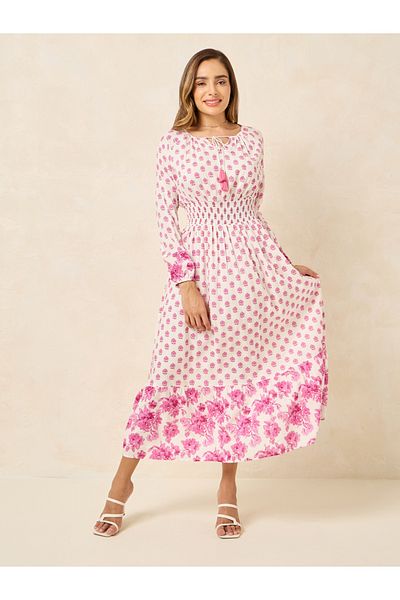 Styli All Over Print Gathered Waist A-Line Maxi Dress