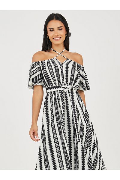 Styli Off Shoulder Neck All Over Print A-Line Midi Dress