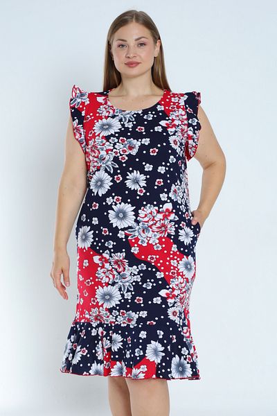 İntensive Navy blue plus size print - φόρεμα από 100% βαμβακερή τσέπη και βολάν μανίκια και φούστα