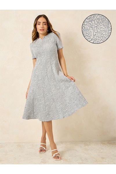 Styli Jacquard Notch Neck A-Line Midi Dress