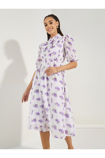 Styli Tie-Up Neck Floral Midi Dress