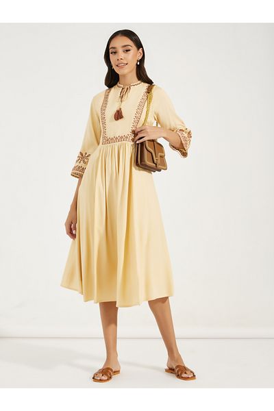 Styli Embroidered 3/4th Sleeves A-Line Midi Dress