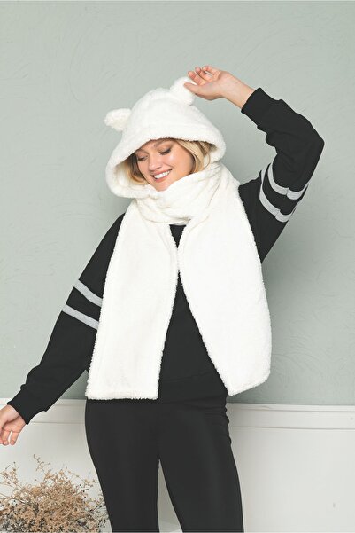 MyBen Kapşonlu Peluş Bere Atkı Welsoft Polar Boyunluk Şalı Rüzgar Geçirmez Kulaklı Şapka Kpşnl09