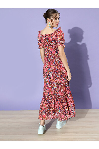 Miss Chase By Styli Ruched Floral Print Maxi Dress with Puffed Sleeves