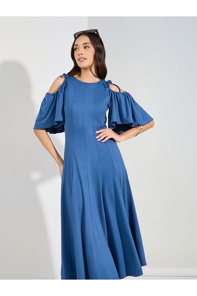 Styli Cold Shoulder Sleeves Flared Midi Dress