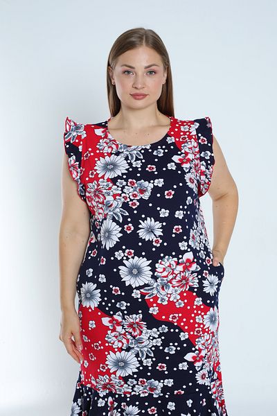 İntensive Navy blue plus size print - φόρεμα από 100% βαμβακερή τσέπη και βολάν μανίκια και φούστα