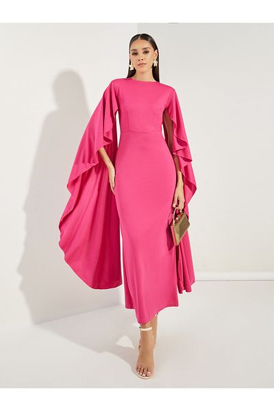 Styli Plain Long Drape Slit Sleeves Mermaid Maxi Dress