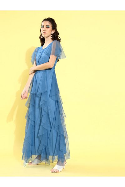 U&F By Styli Mesh Insert Ruffled A-Line Maxi Dress