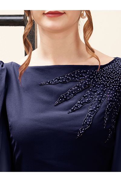 Mish By Styli Beaded Embellished Boat Neck Draped Maxi Dress