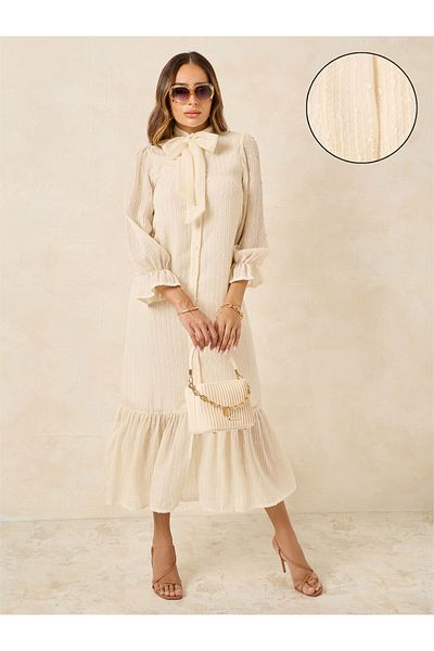 Styli Dobby Tie-Up Neck Ruffle Hem Shift Midi Dress