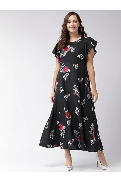 U&F By Styli Floral Print A-Line Maxi Dress with Frill Sleeves