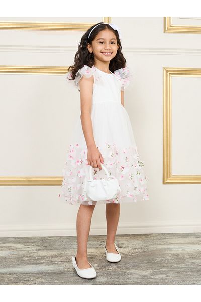 Styli Floral Applique Mesh Overlay Ruffle Sleeve A-Line Dress