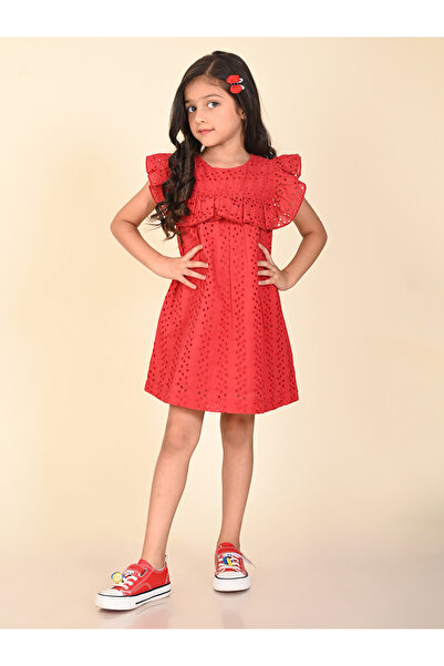 LilPicks By Styli Schiffli Ruffle Detail Dress