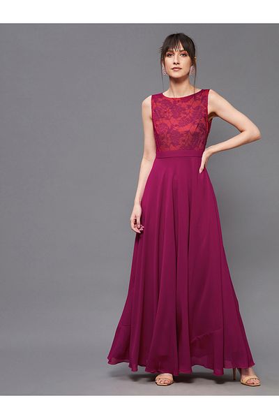 Miss Chase By Styli Floral Mesh Insert A-Line Maxi Dress