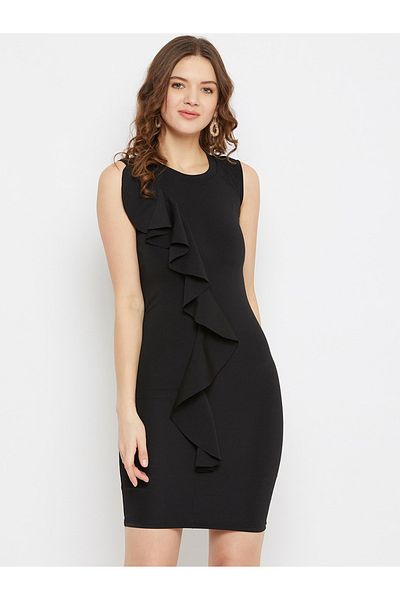 U&F By Styli Round Neck Ruffled Detail Sheath Mini Dress