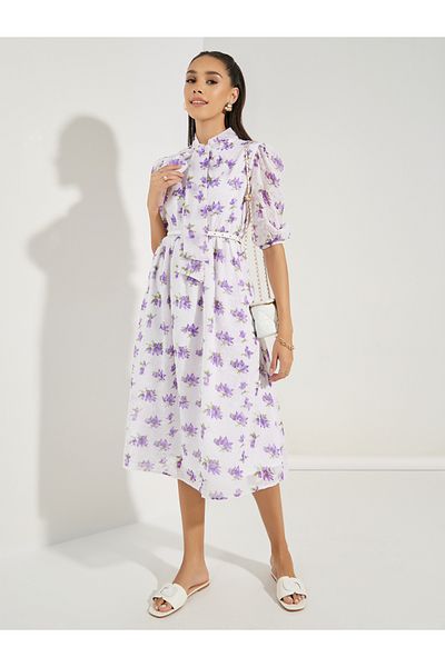 Styli Tie-Up Neck Floral Midi Dress