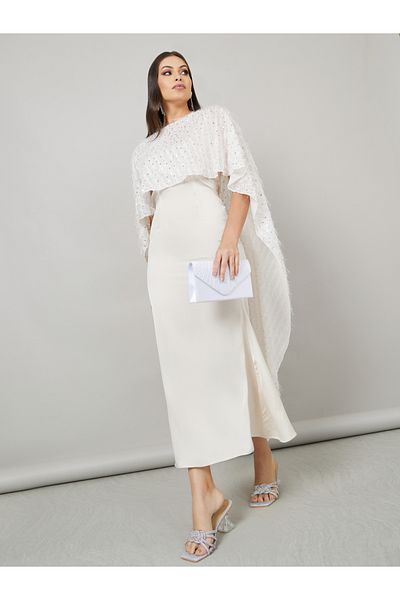 Styli Embellished Cape Layer Satin Bodycon Maxi Dress