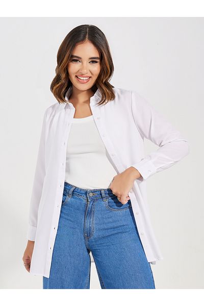 Styli Solid Woven Longline Shirt with Button Placket
