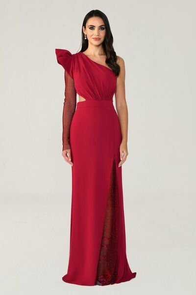 ALFABETA Tek Transparan Kol Yırtmaçlı Uzun Siyah Elbise