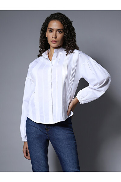 High Star By Styli Pleated Detail Mandarin Collar Shirt with Long Sleeves