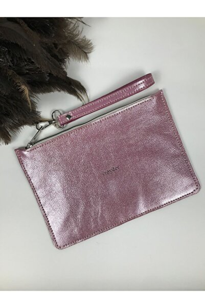 TROYDER Deri Clutch Çanta Simli Pembe Renk