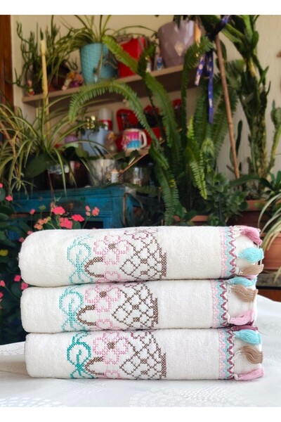 Z&N STYLE Annem Çeyizlik - 50x90 см Канавече з квітковим візерунком, з бахромою, оксамитовий набір рушників (набір з 3 штук)