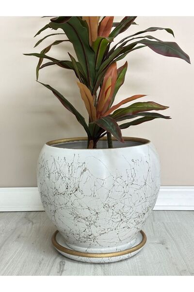 odka 10litre Küre Saksı Tabaklı 23cmx23cm Beyaz-gold Mermer Desenli