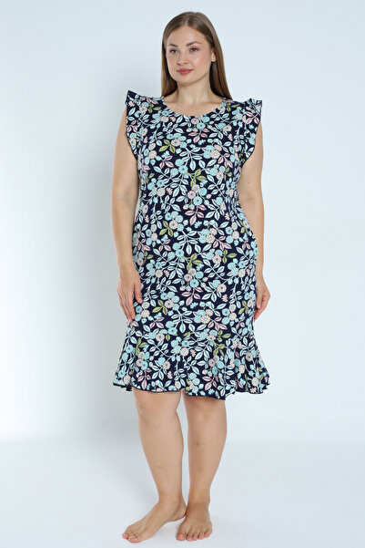 İntensive Navy blue plus size print - φόρεμα από 100% βαμβακερή τσέπη και βολάν μανίκια και φούστα