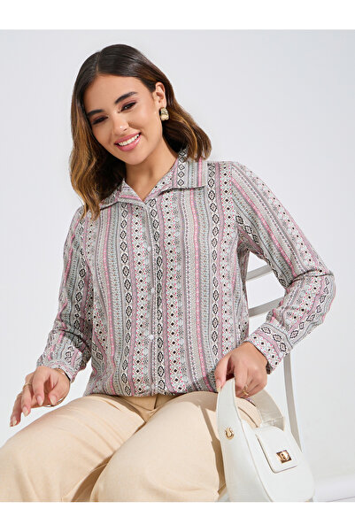 Styli Geometric Print Button Down Shirt with Long Sleeve