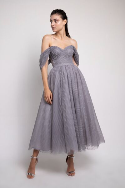 Lenta Moda Kadın Gri Puantiyeli Midi Boy Abiye Elbise