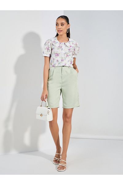 Styli Embroidery Detail Floral Print Blouse with Peter Pan Collar