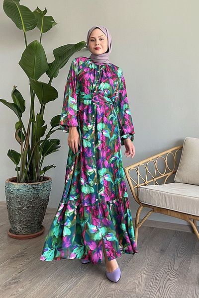 InStyle Green Viscose Dress - Floral and Belted
