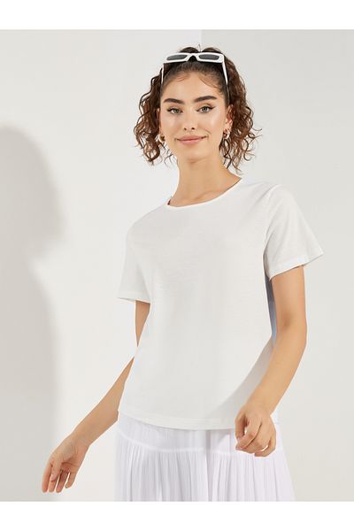 Styli Striped Woven Back Round Neck Top