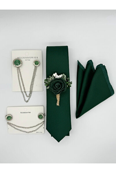 HARES Groom's Tie Set - Handkerchief, Jacket Collar Chain and Flower Detail, Clip-on Shirt Collar