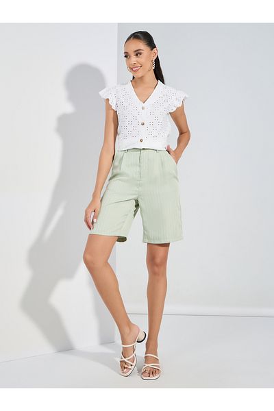 Styli V Neck Buttoned Schiffli Top with Ruffled Sleeves